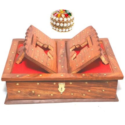 Santarms handicrafts geeta stand wooden for reading handmade fordable wooden rehal holy books stand book box | wooden books | quran box | granth stand | pooja stand wooden | book stand | stand for reading | bhagw